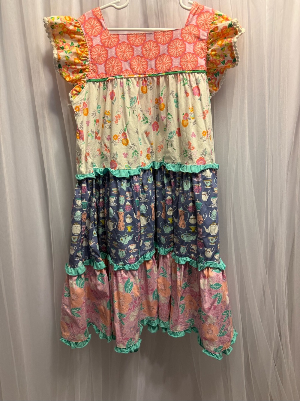 Wildflowers Girls Tiered Floral Patchwork Dress - Coral, Navy, Cream, Pink sz.12